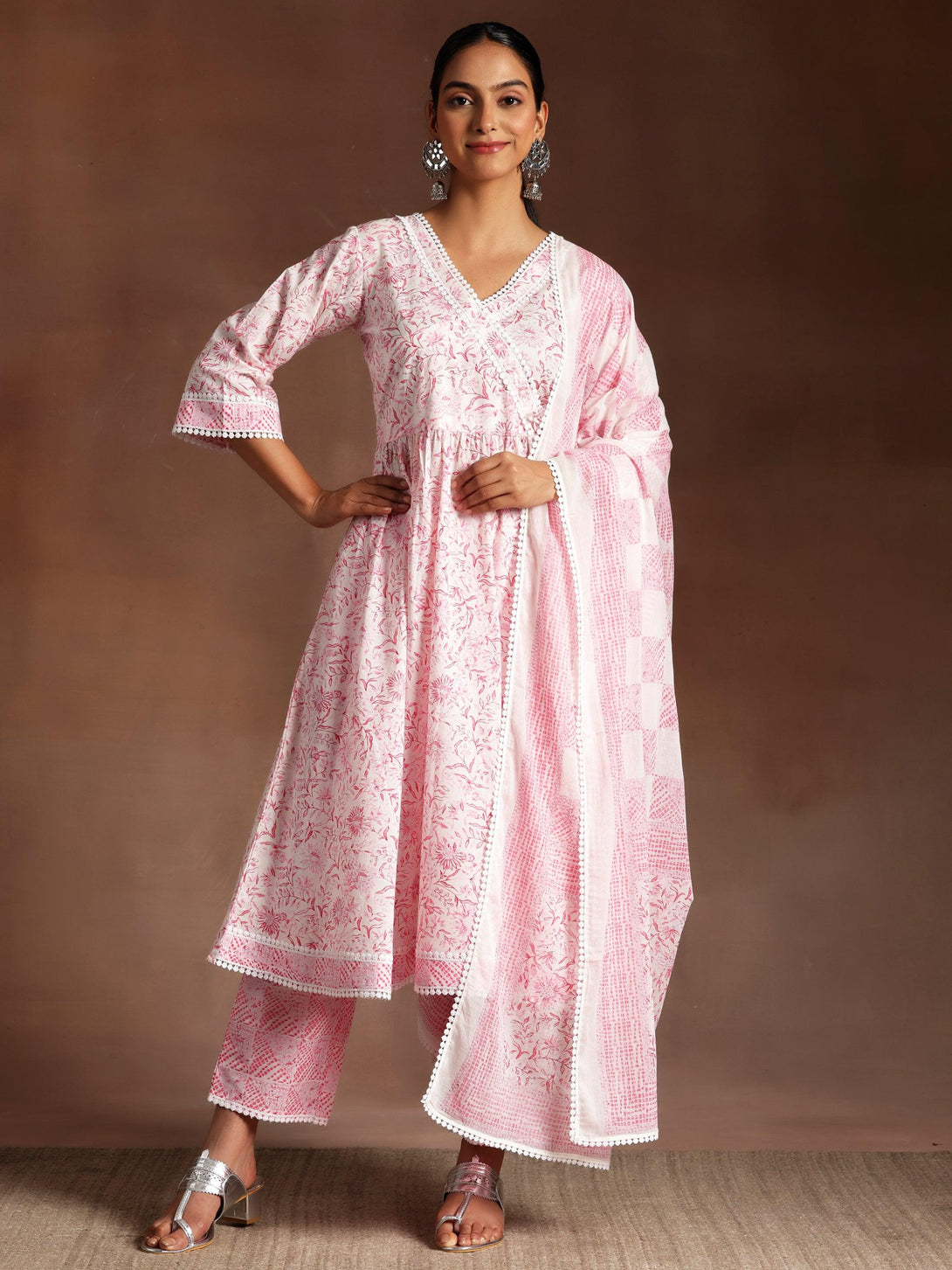 Tabassum Pink Printed Cotton A-Line Kurta With Palazzos & Dupatta - Jashvi