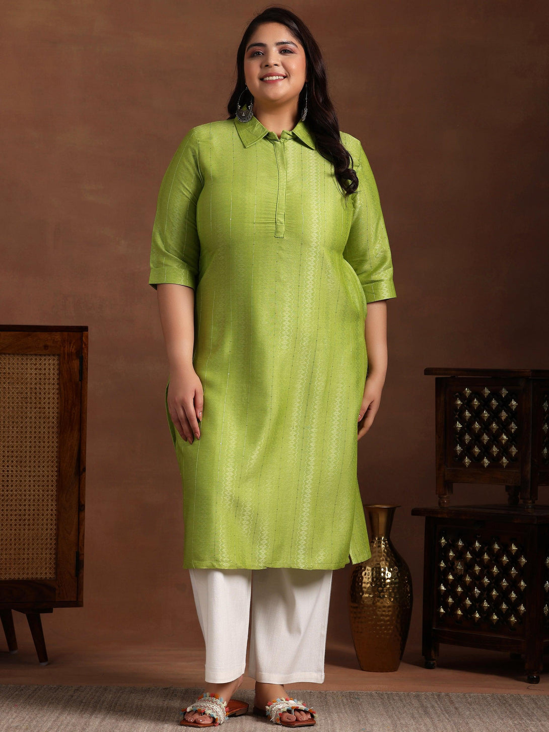 Plus Size Green Woven Design Cotton Straight Kurta - Jashvi