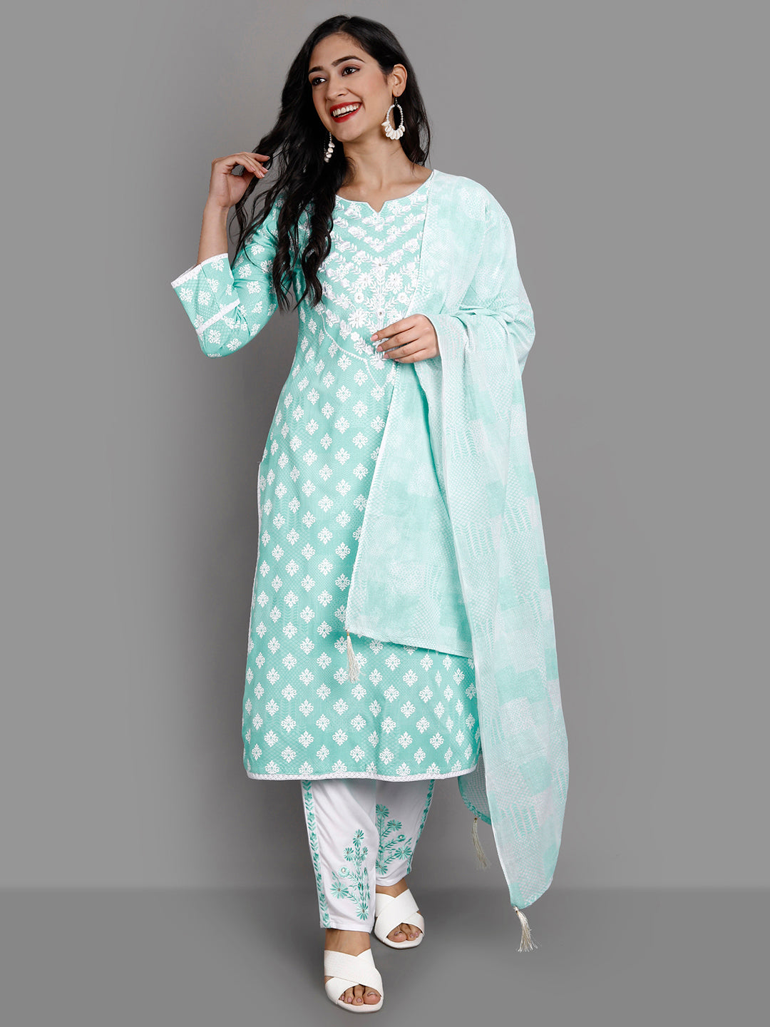 Women's Sky Blue Rayon Kurta Pant And Dupatta Set - Noz2Toz