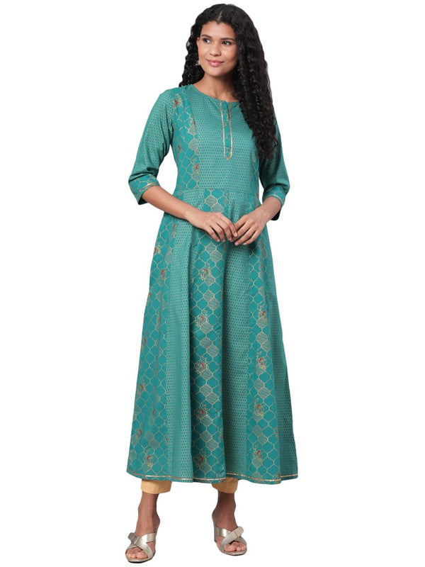 Women's Green Printed 3/4 Sleeve Cotton Round Neck Casual Anarkali Kurta Only - Myshka