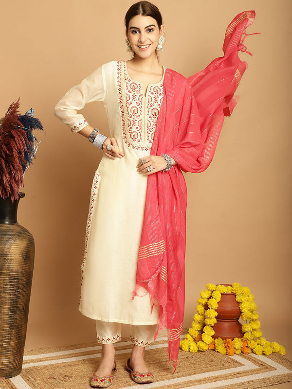 Women's Cream Chanderi Trouser Dupatta Set - Taantav