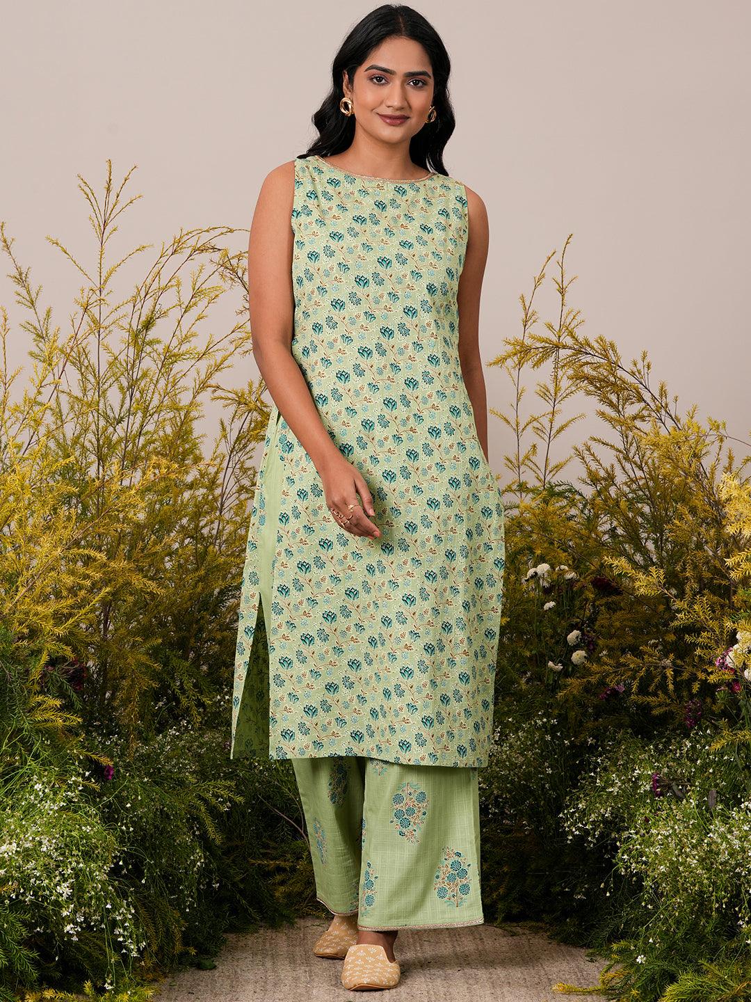 Green Printed Cotton Straight Kurta Set - Jashvi