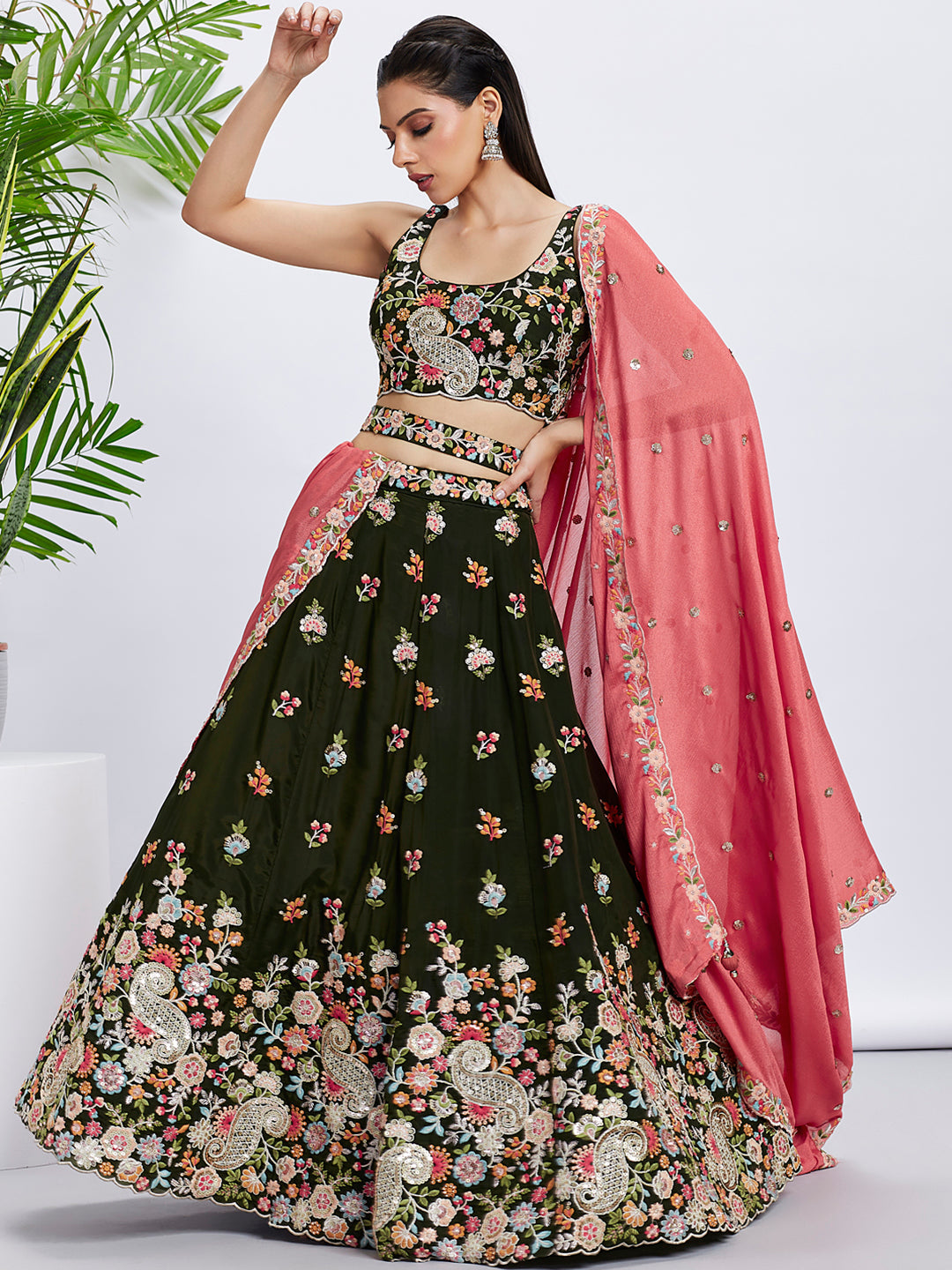 Women's Olive Organza Sequins And Thread Embroidery Lehenga Choli & Dupatta - Royal Dwells