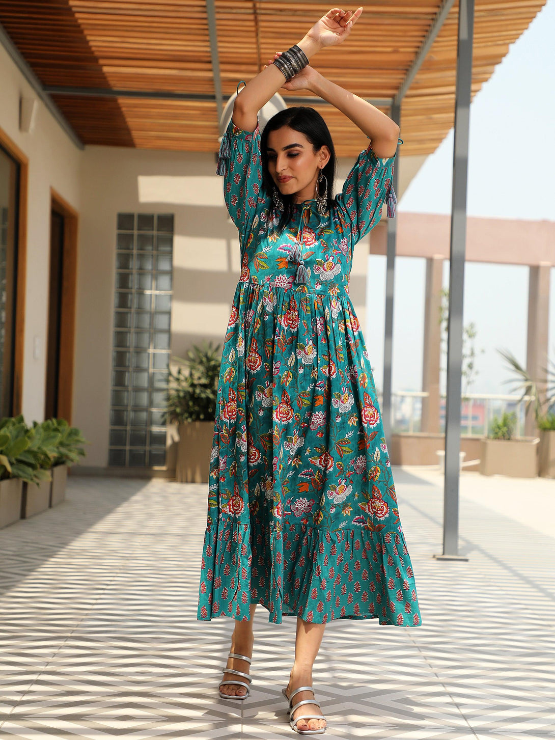 Blue Printed Cotton Fit and Flare Dress - Jashvi