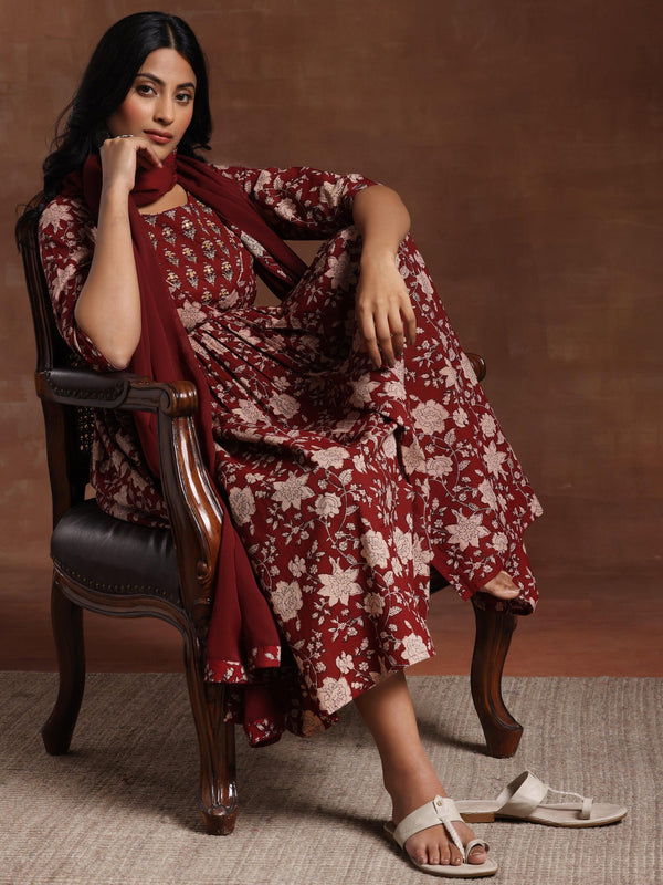 Maroon Printed Pure Cotton Anarkali Suit With Dupatta - Jashvi