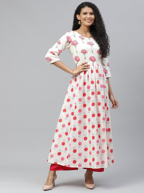 Women's Off White Stylish Print Cotton Anarkali Kurta - Poshak Hub