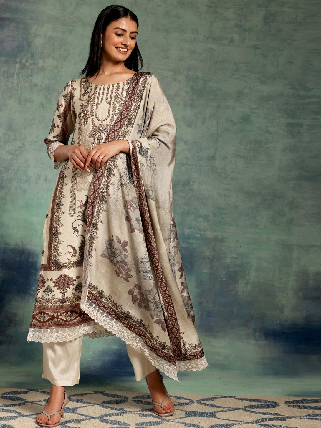 Ivory Printed Silk Blend Straight Suit With Dupatta - Jashvi