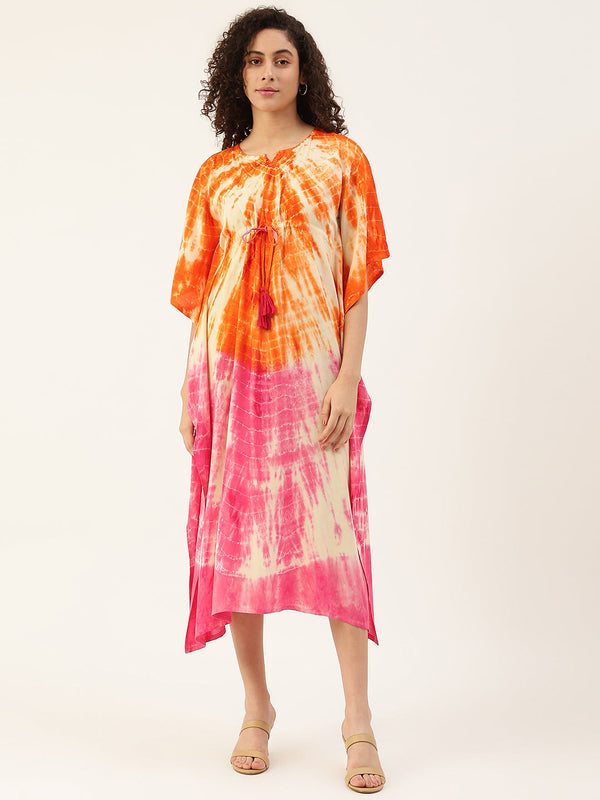 Women's Pink-orange Tie-Dye Rayon Kaftan Dress - Maaesa