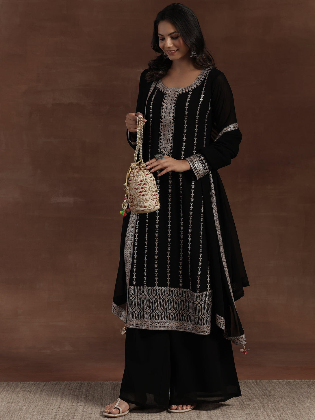 Black Embroidered Georgette Straight Suit With Dupatta - Jashvi