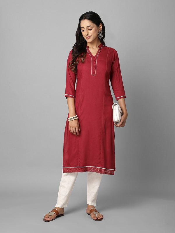 Women's Solid Maroon Side Slit Straight Kurta - Azira