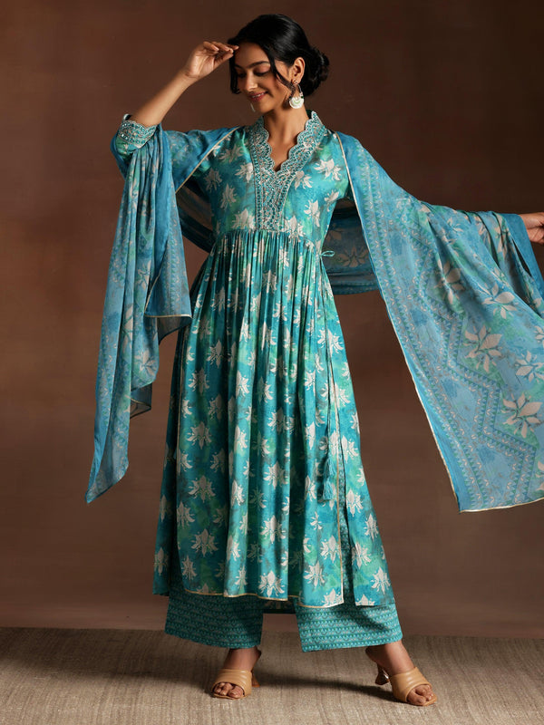 Blue Printed Silk Blend A-Line Kurta With Palazzos & Dupatta - Jashvi