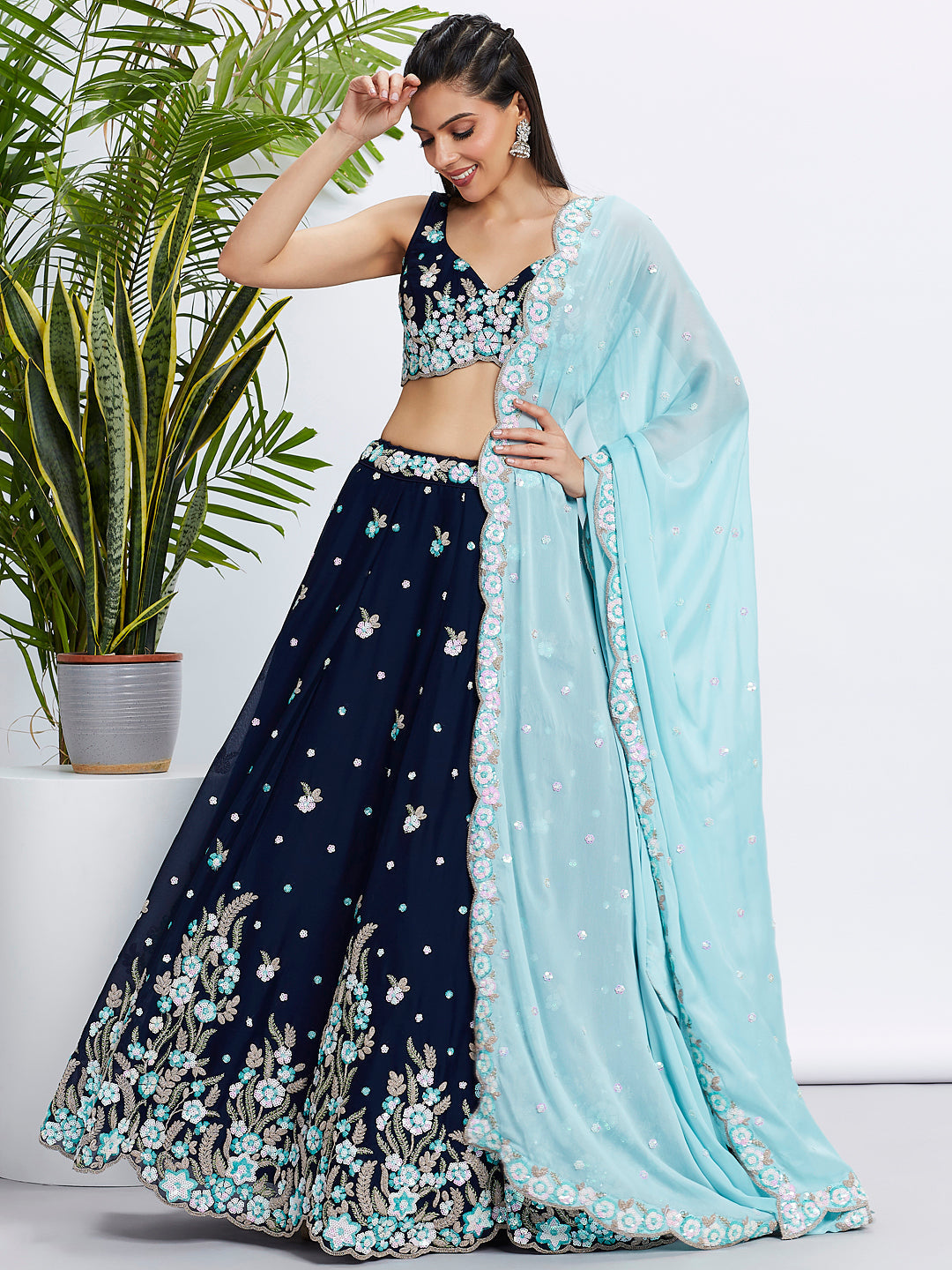 Women's Navy Blue Pure Grorgette Sequins And Thread Embroidery Lehenga Choli & Dupatta - Royal Dwells