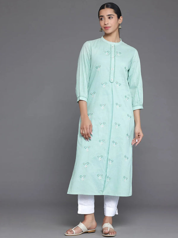 Green Embroidered Cotton Straight Kurta