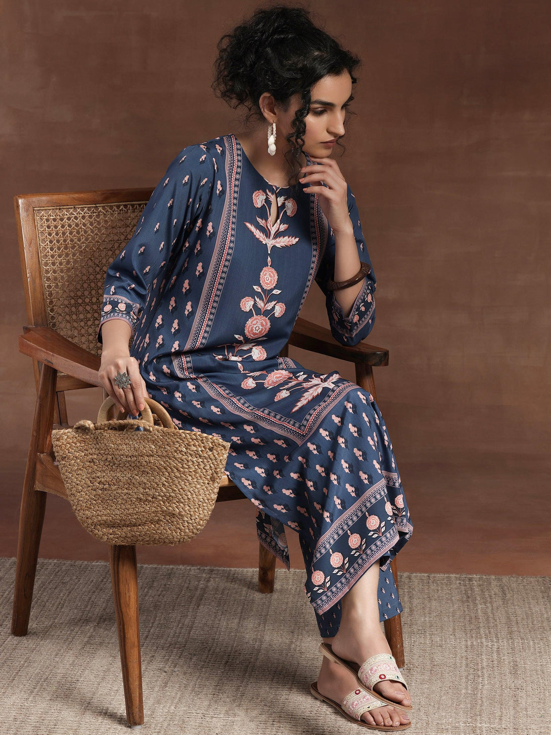 Blue Printed Poly Crepe Straight Kurta Set - Jashvi