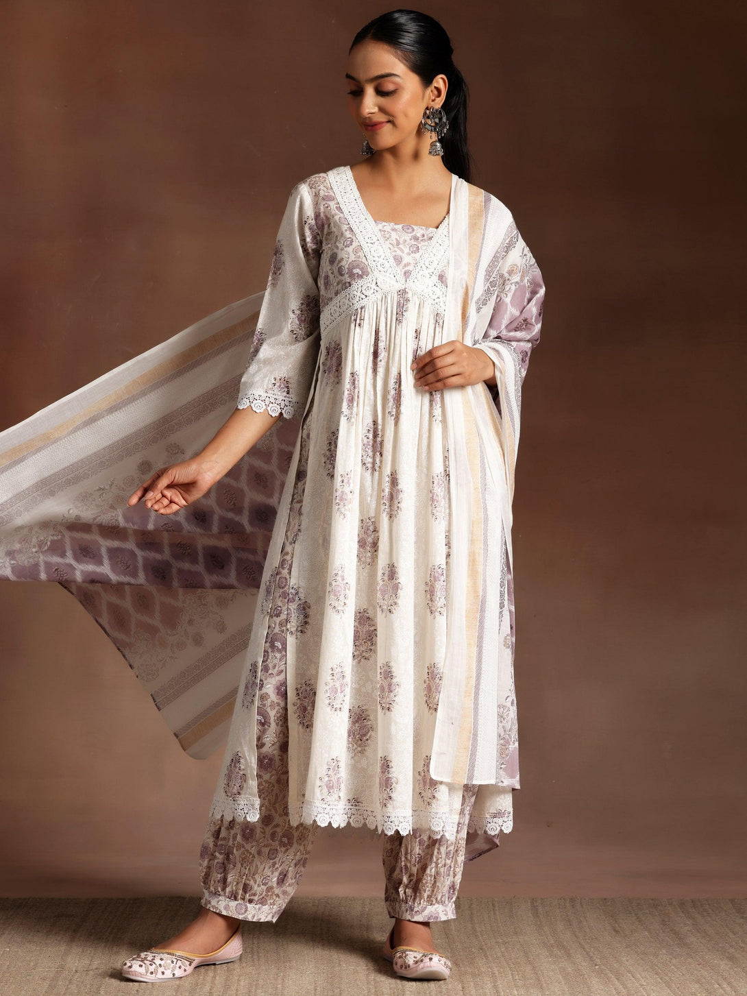 Jannat White Printed Cotton A-Line Kurta With Salwar & Dupatta - Jashvi