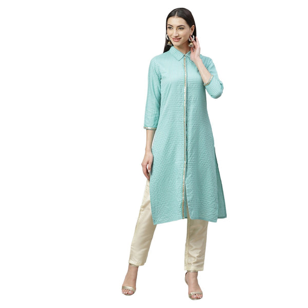 Women's Green Cotton Check 3/4 Sleeve Shirt Collar Casual Kurta Only - Myshka