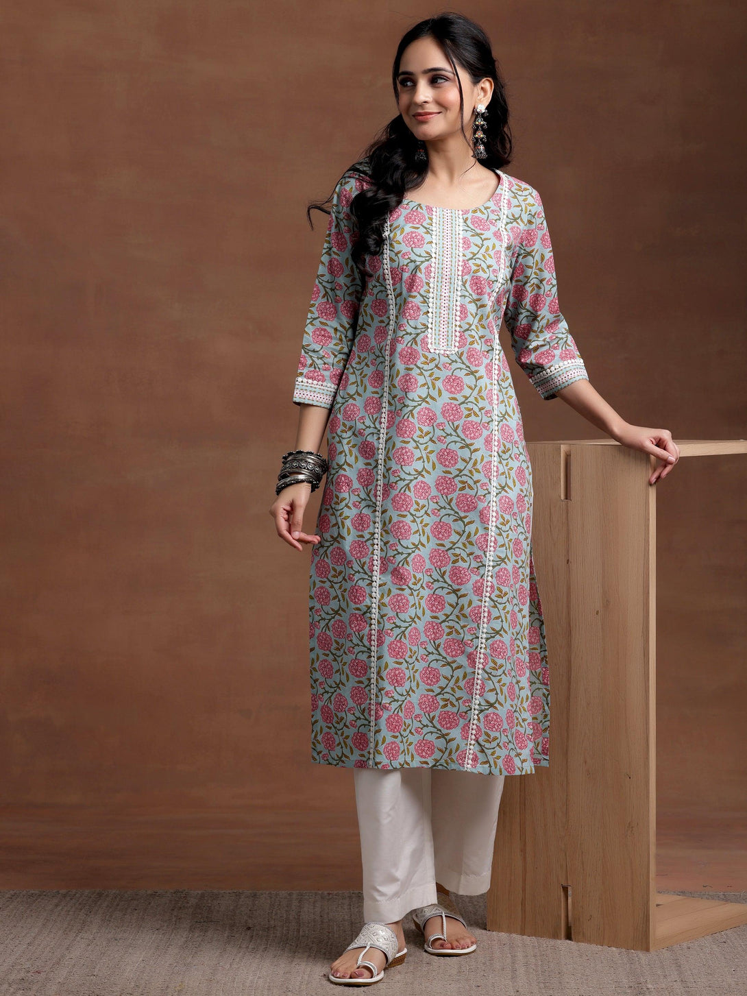 Blue Printed Cotton Straight Kurta - Jashvi