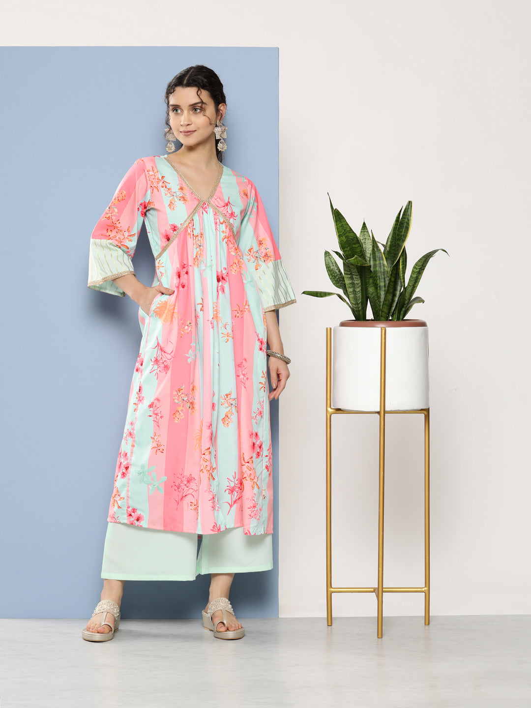 Women's Pink Poly Crepe Kurta Palazzo Set - Ahalyaa