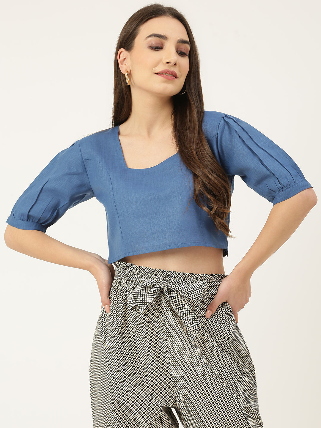 Women's  Blue Solid Trendy Fitted Crop Top,Has A Square Neck, Short Sleeves And Zip Closure  - Deckedup