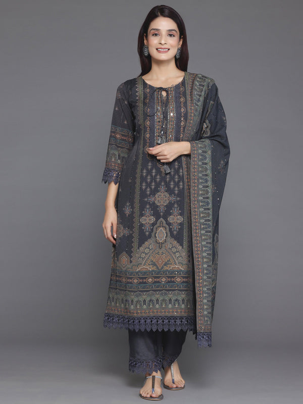 Grey Printed Silk Blend Straight Suit With Dupatta - Jashvi