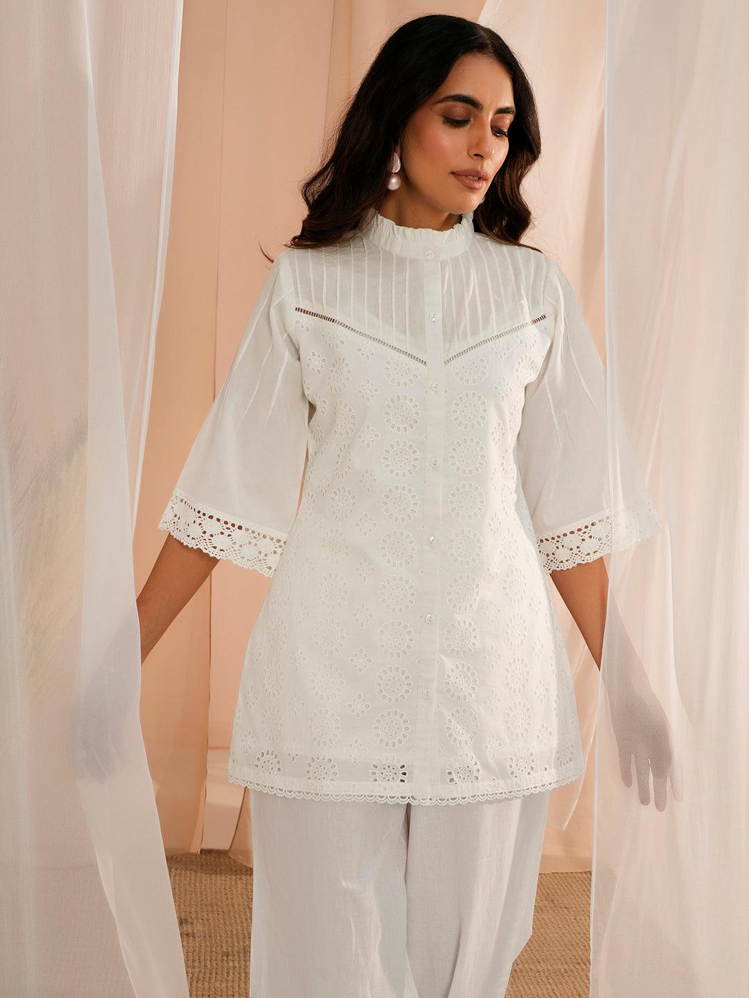 White Embroidered Cotton Straight Kurti - Jashvi