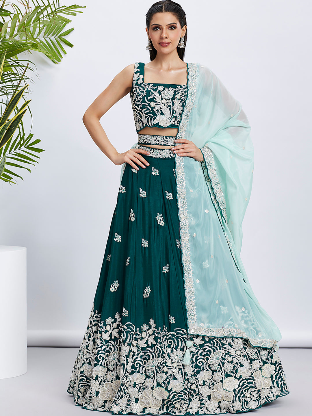 Women's Green Pure Georgette Sequins And Thread Embroidery Lehenga Choli & Dupatta - Royal Dwells