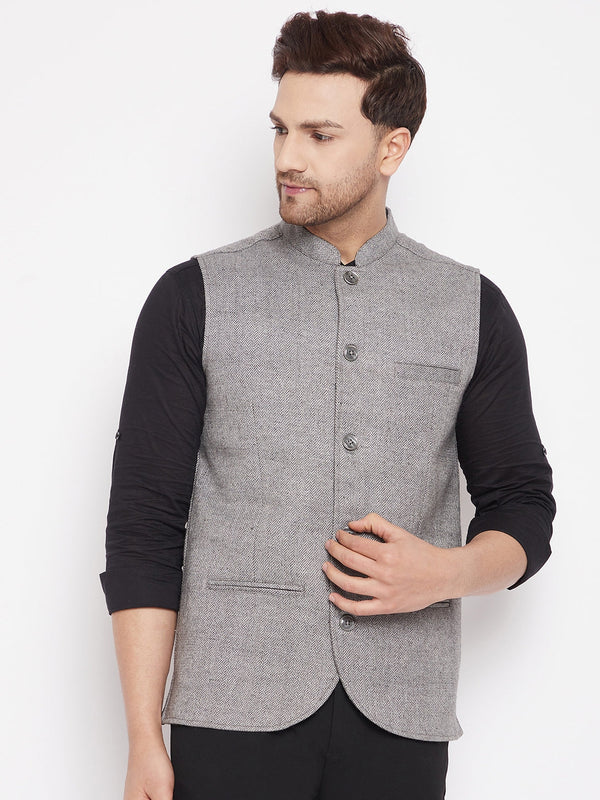 Men's Grey Color Woven Nehru Jacket - Even Apparels