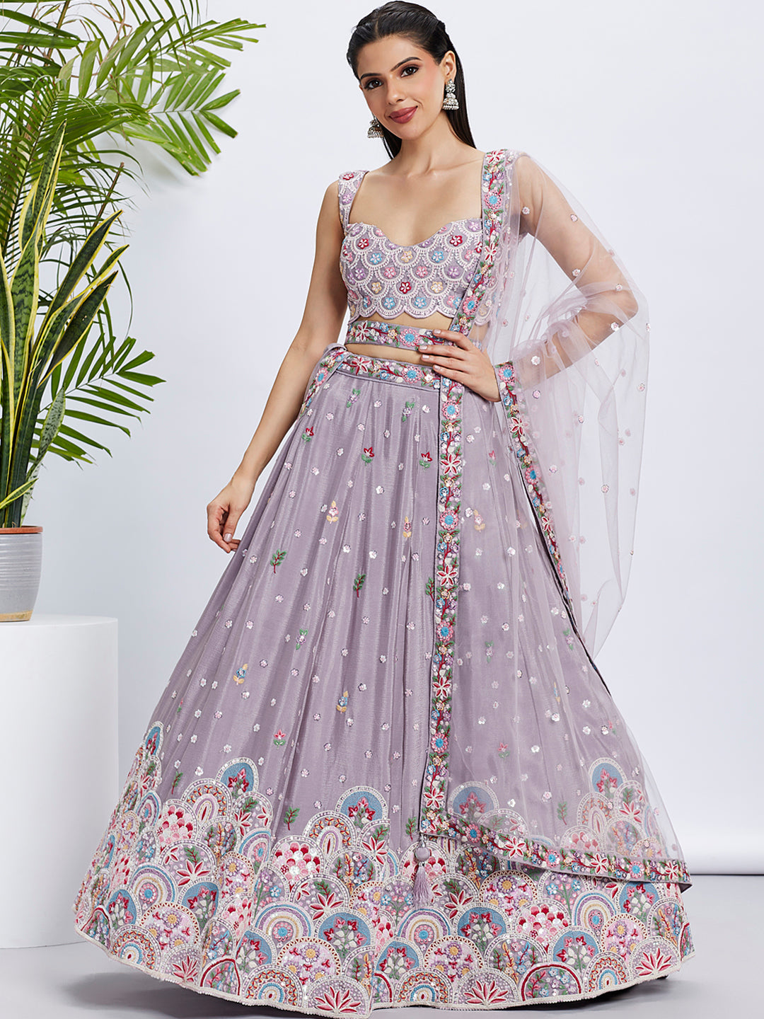 Women's Lavender Pure Georgette Sequins And Thread Embroidery  Lehenga Choli & Dupatta - Royal Dwells