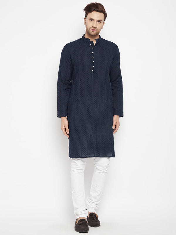 Men's Blue Color Long Kurta with Band Collar - Even Apparels