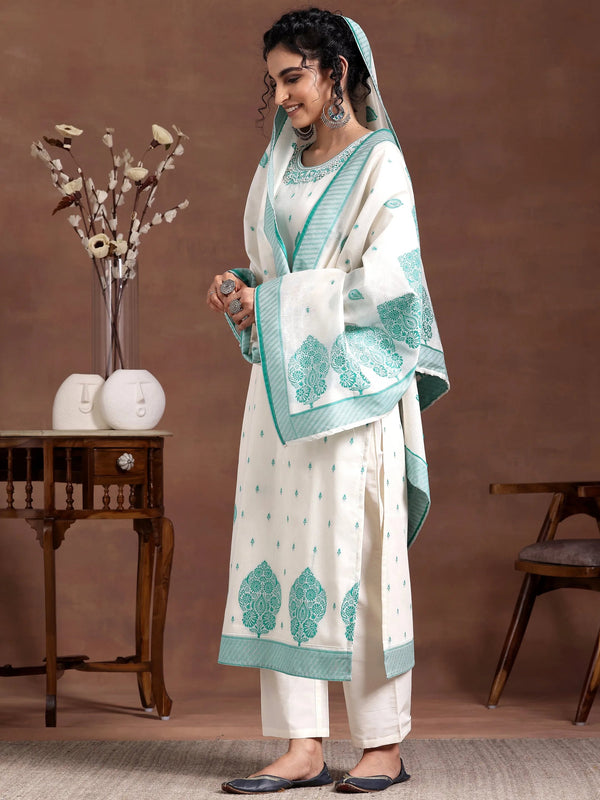 Off White Woven Design Chanderi Silk Straight Suit With Dupatta