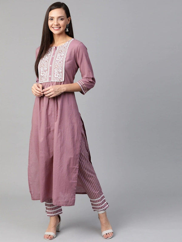 Women's KSUT Women Mauve & White Yoke Design Kurta with Trousers - Varanga