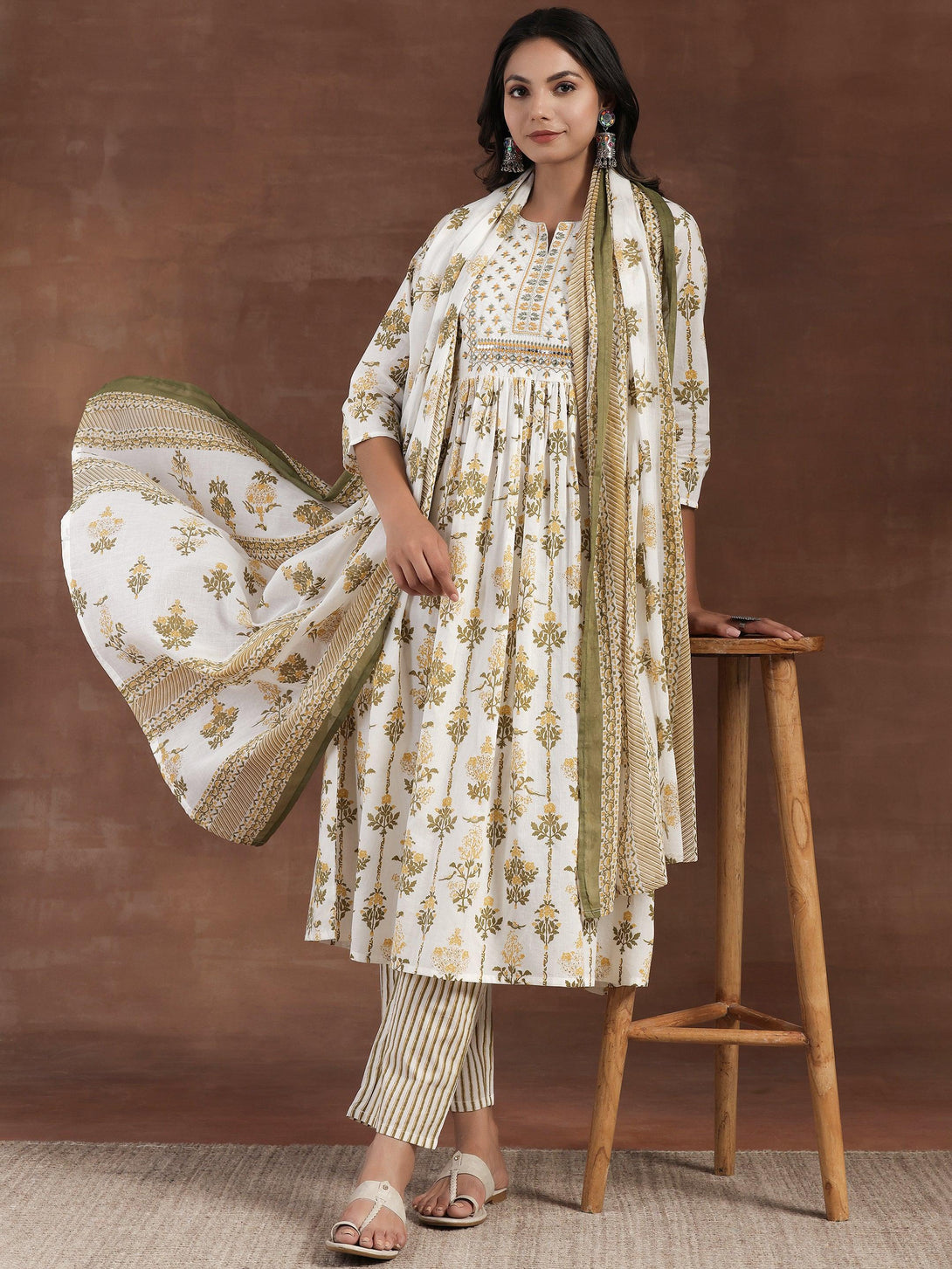 Off White Printed Cotton Anarkali Suit With Dupatta - Jashvi