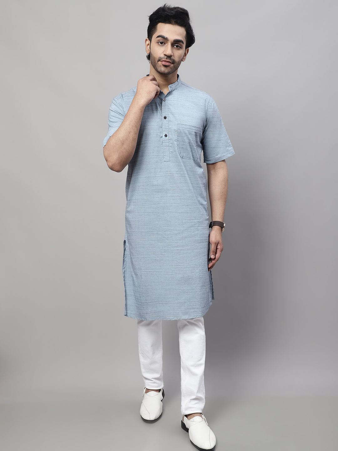 Men's Blue Pure Cotton Kurta With Band Collar - Even Apparels