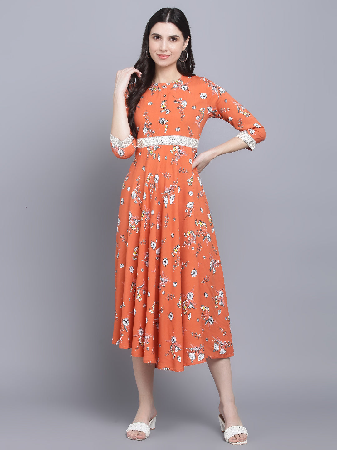 Women's Orange Floral Midi Dress - Myshka