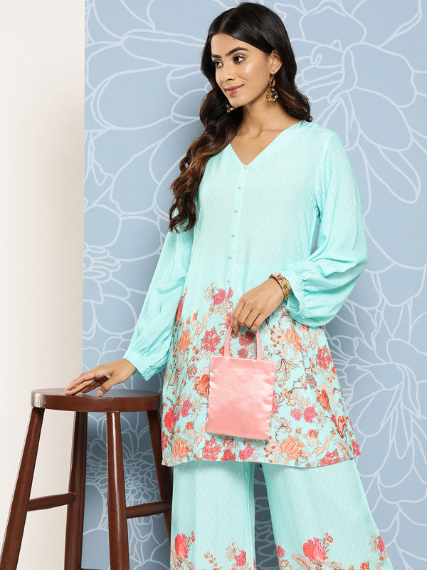 Blue Floral Printed Ethnic Co-Ords