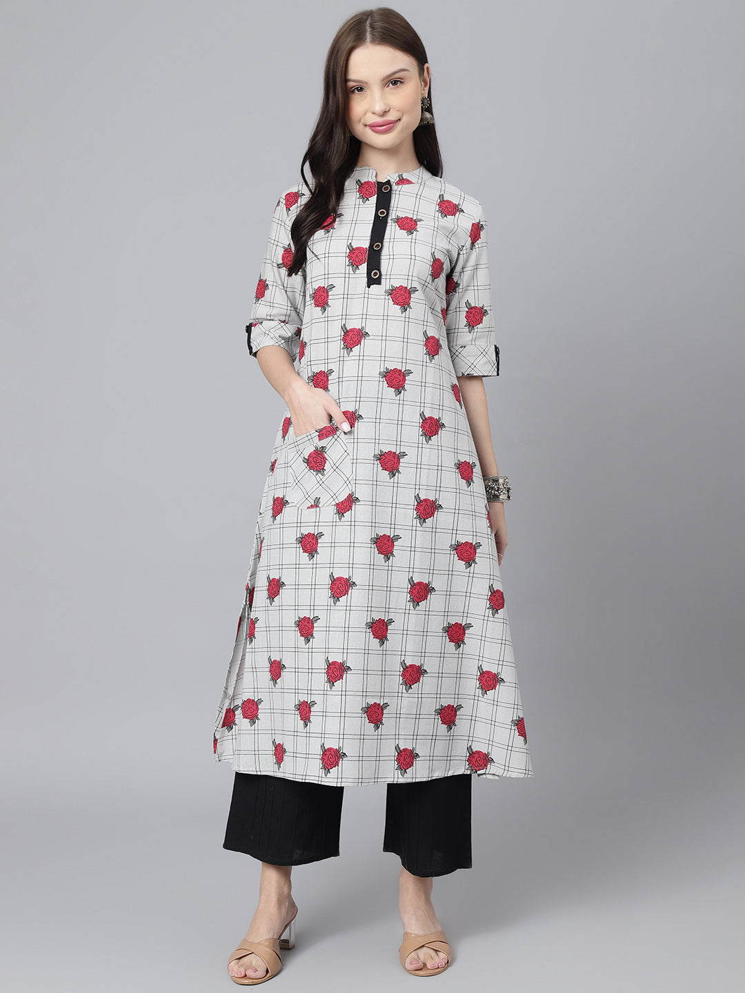 Women's Grey Checks Blue Flower Cotton Print Collar Basic Straight Kurta With Placket Buttons - DECKEDUP