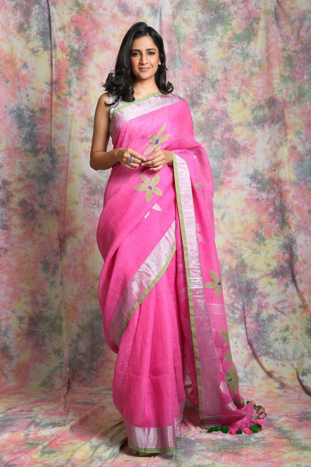 Women's  Linen Saree With Golden Flower Motif In Body - In Weave Sarees