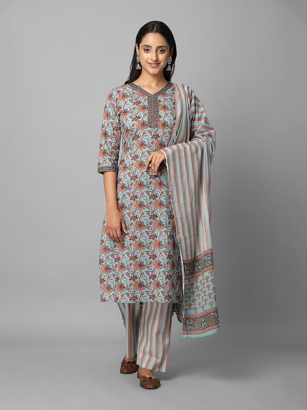 Women's Grey And Rust Floral Printed Side Slit Straight Kurta Palazzo And Dupatta Set - Azira