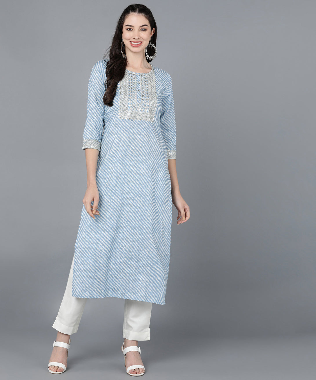 Women's Cotton Lehriya Print Straight Kurta (Light Blue) - Kipek