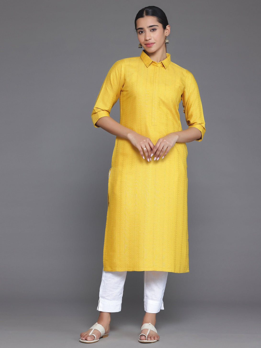 Yellow Woven Design Cotton Straight Kurta - Jashvi