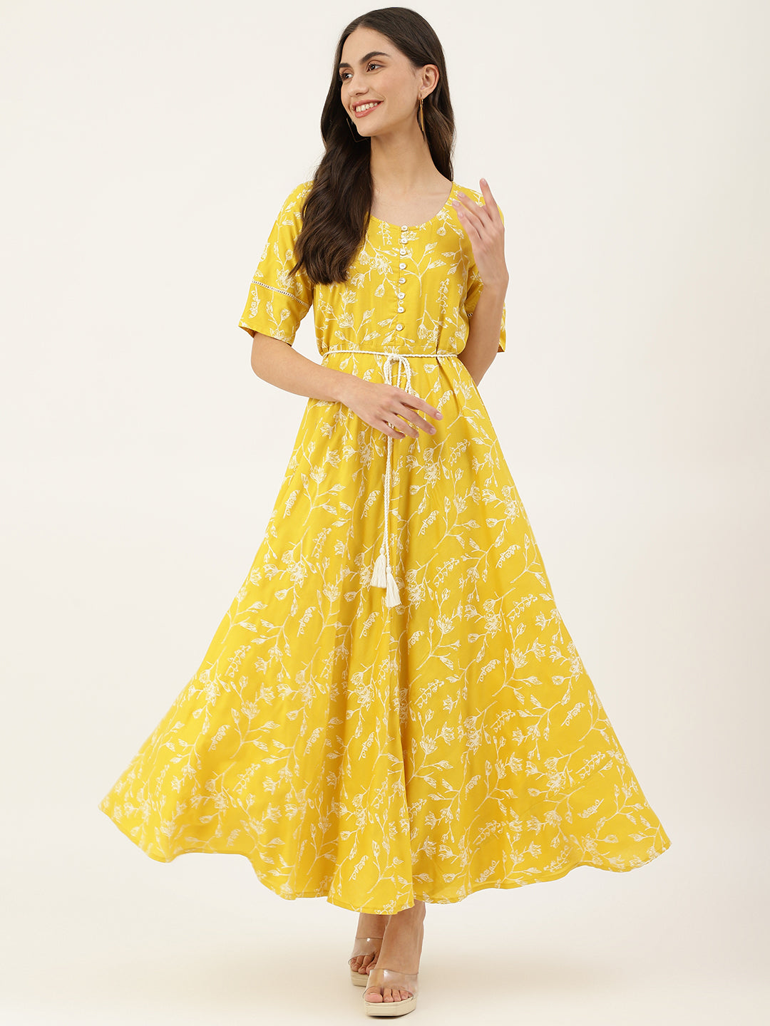 Women's Yellow Rayon Fit And Flare Dress - Deckedup