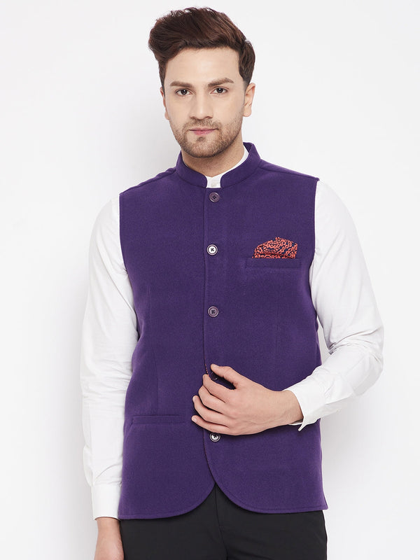 Men's Purple Color Nehru Jacket-Contrast Lining-Inbuilt Pocket Square - Even Apparels