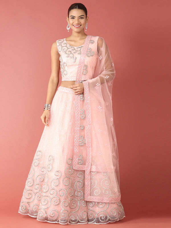 Women's Coral Net Sequinse Work Fully-Stitched Lehenga & Stitched Blouse, Dupatta - Royal Dwells