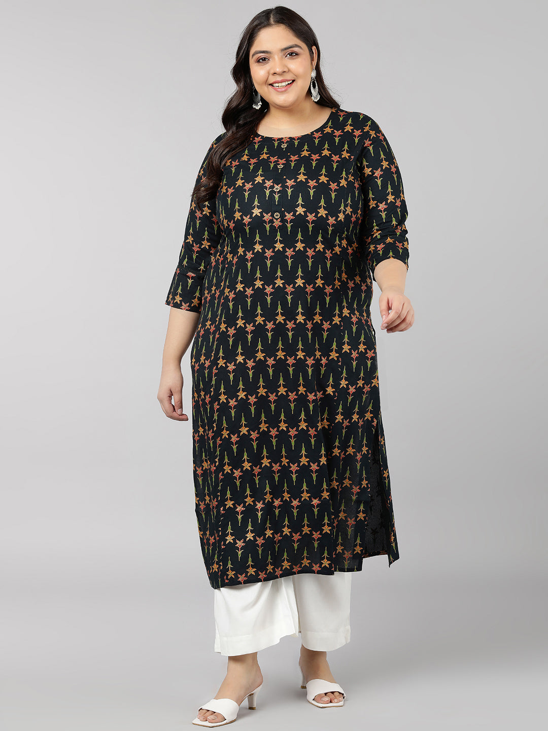 Women's Rayon Floral Print Straight Kurta (Dark Green) - Kipek