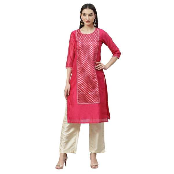 Women's Pink Chanderi Printed 3/4 Sleeve Round Neck Casual Kurta Pant Set - Myshka