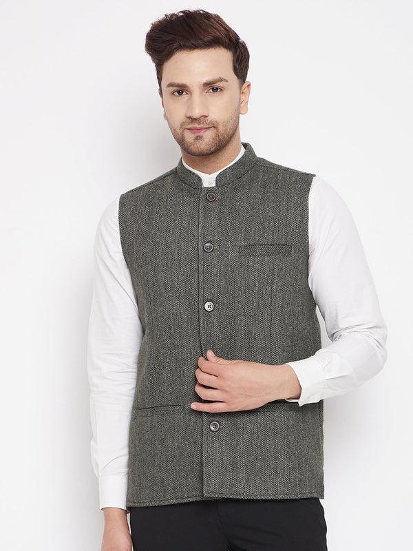 Men's Green Color Woven Nehru Jacket - Even Apparels