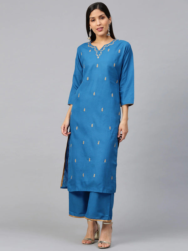 Teal Blue and golden gotta patti embroidered kurta with palazzos