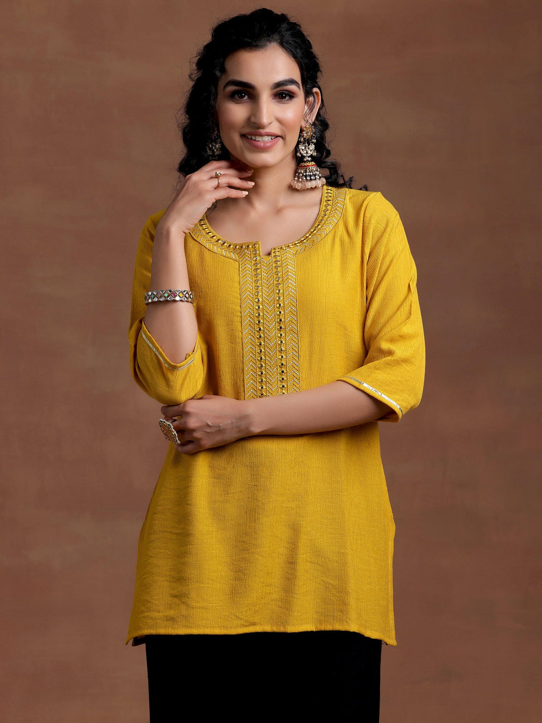 Mustard Self Design Cotton Blend Kurti - Jashvi