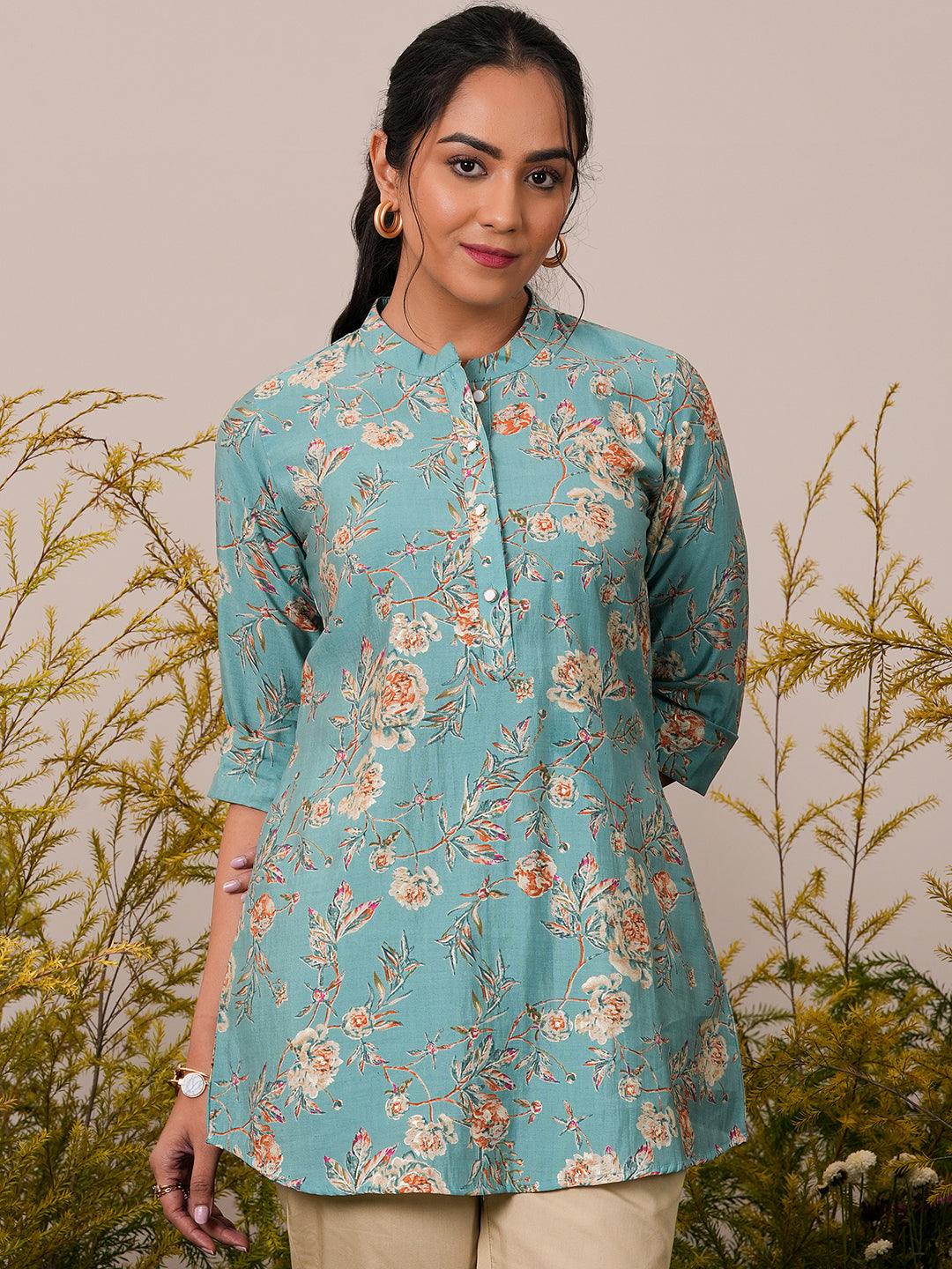 Blue Printed Silk Blend A-Line Kurti - Jashvi