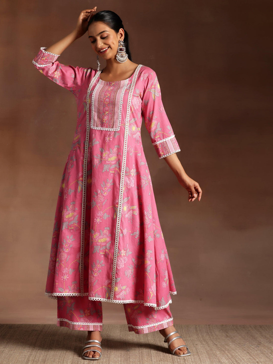 Rukhsaar Pink Printed Cotton A-Line Kurta With Palazzos - Jashvi